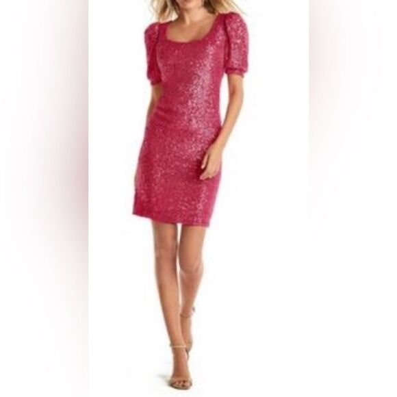 Boston Proper Sparkling Pink Sequin Short Sleeve Mini Dress Size 14 - Picture 2 of 9